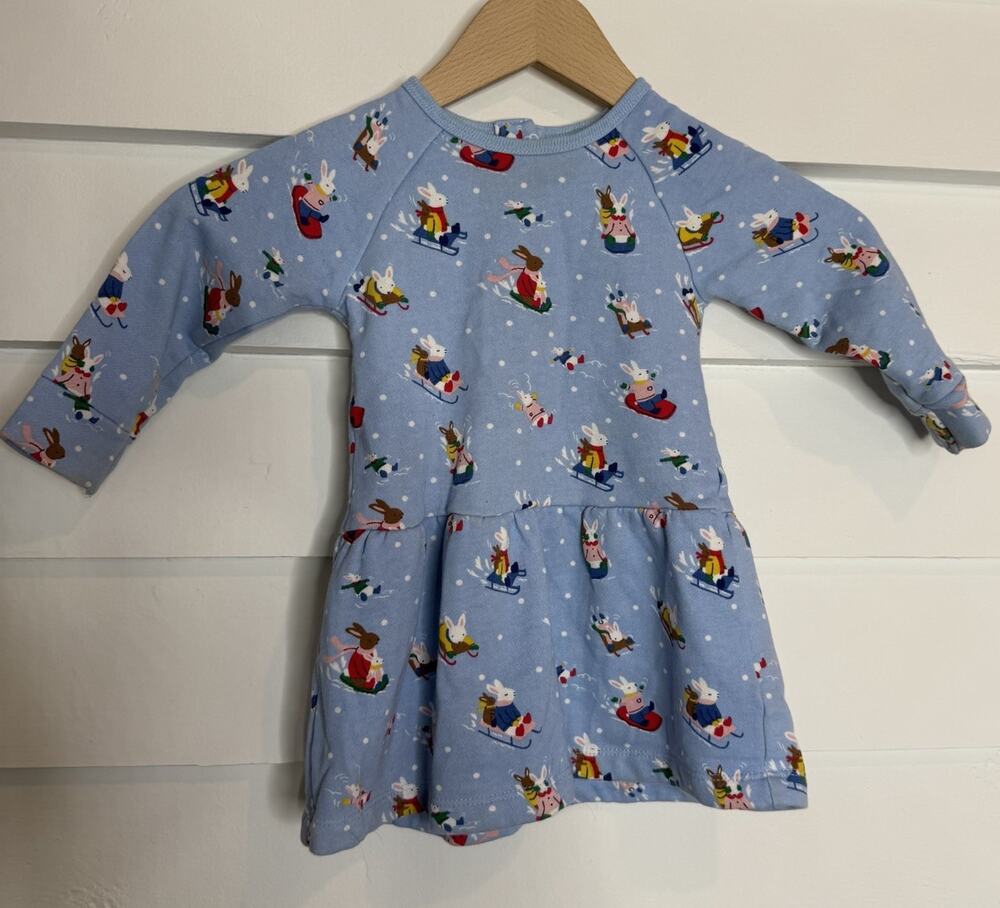 Baby Boden Sledding Animals Winter Scene Long Sleeve Dress 9-12 Months